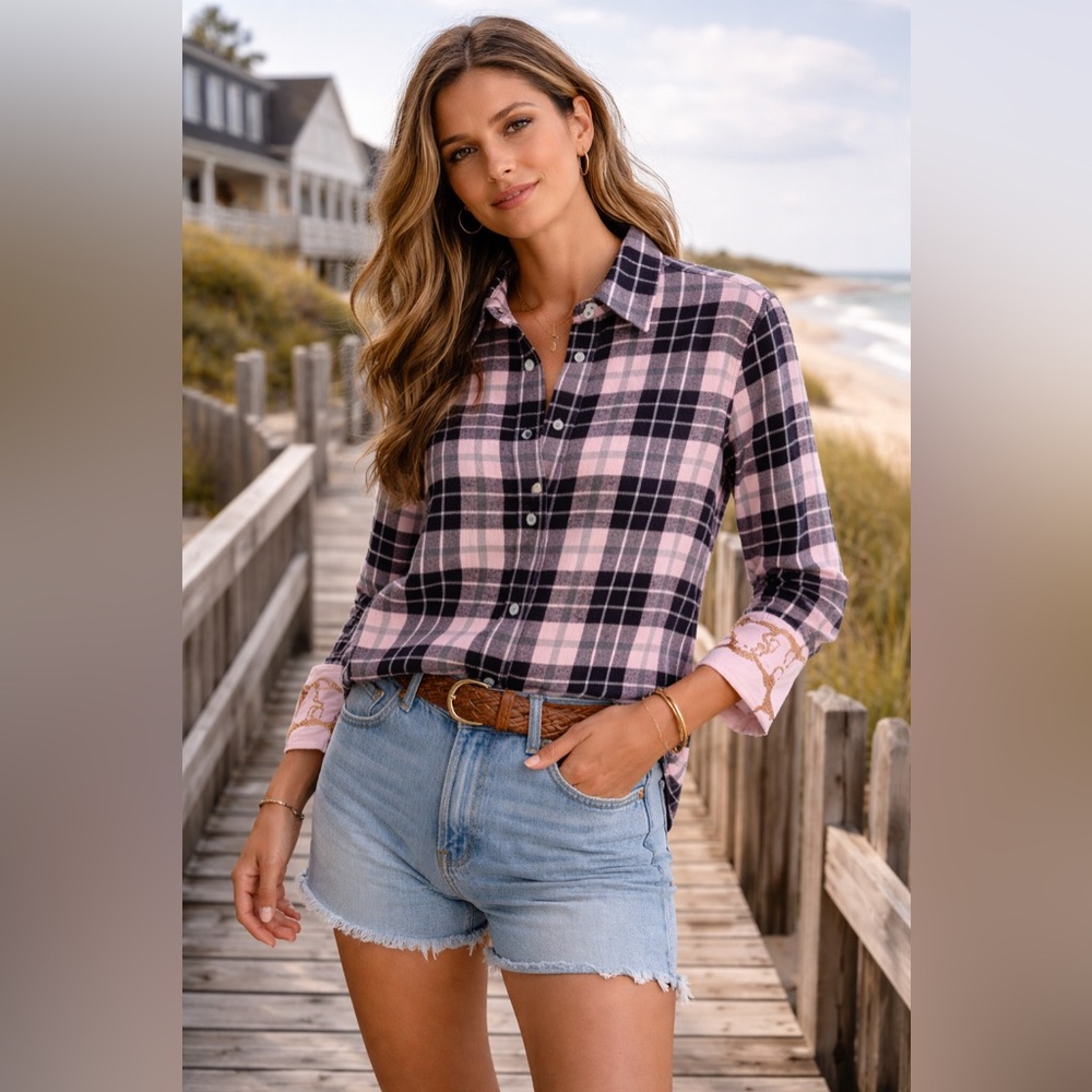 Dizzy Lizzie Tizzie Rome Plaid Shirt Pink Black Cheetah Cuff Cotton S
